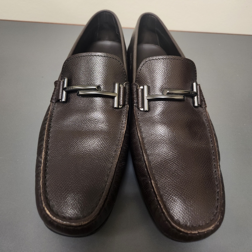 Tod's Double T Textured Leather Loafers chocolate Brown Sz 7.5